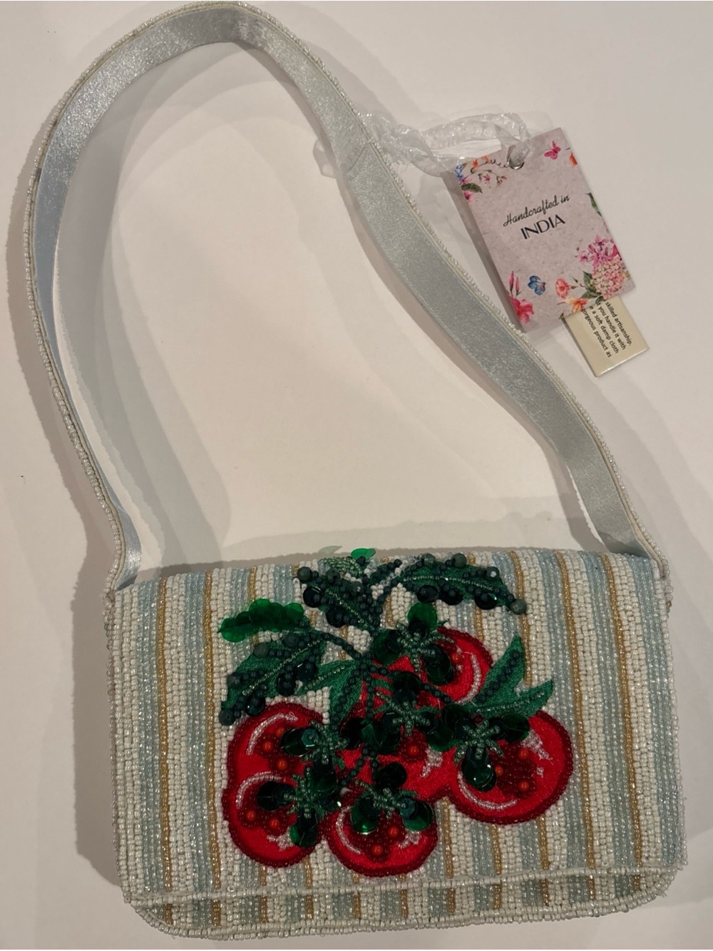 Beaded Shoulder Bag with Red Tomatoes Embellishment NWT By From India To You